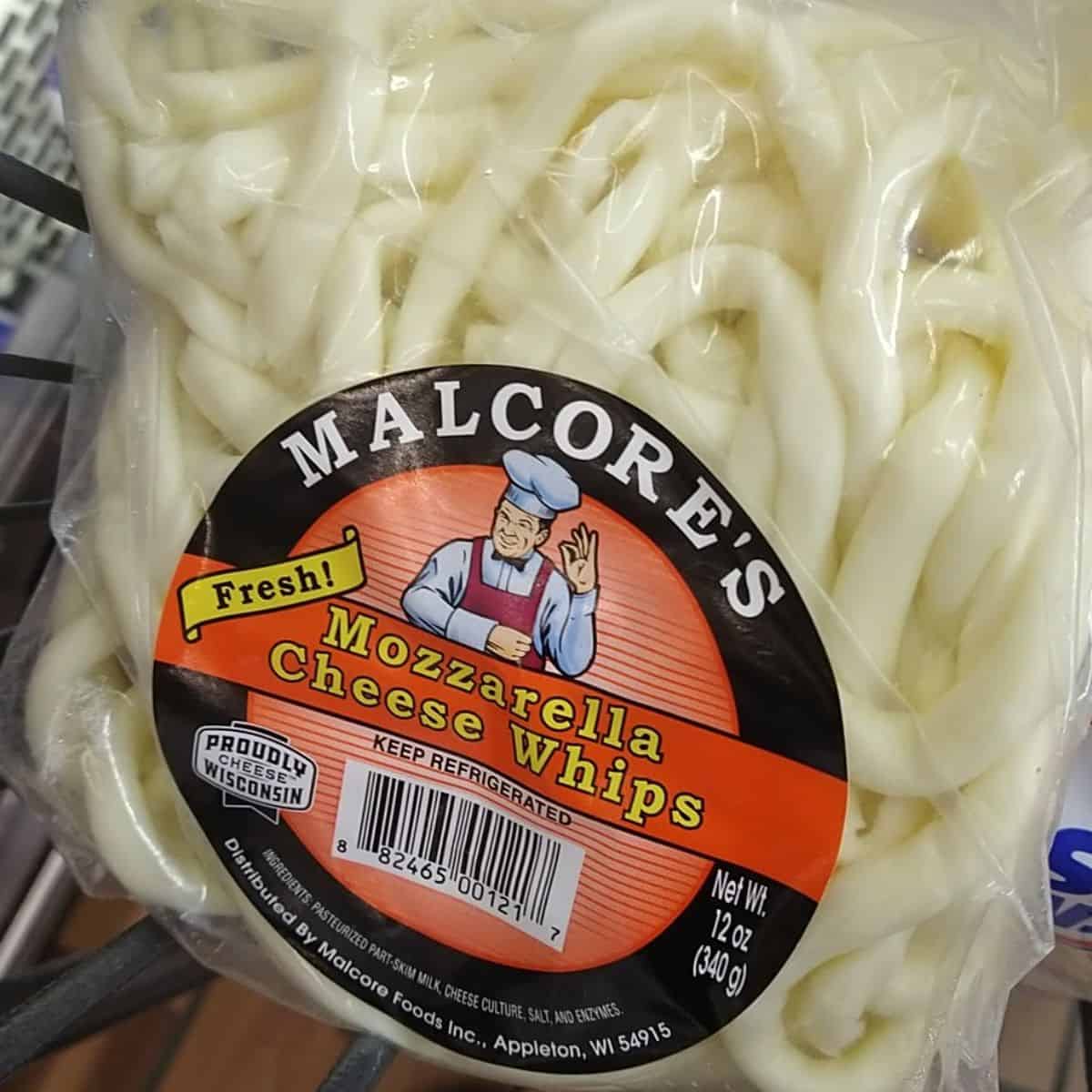 Malcore's Mozzarella Cheese Whips in a bag