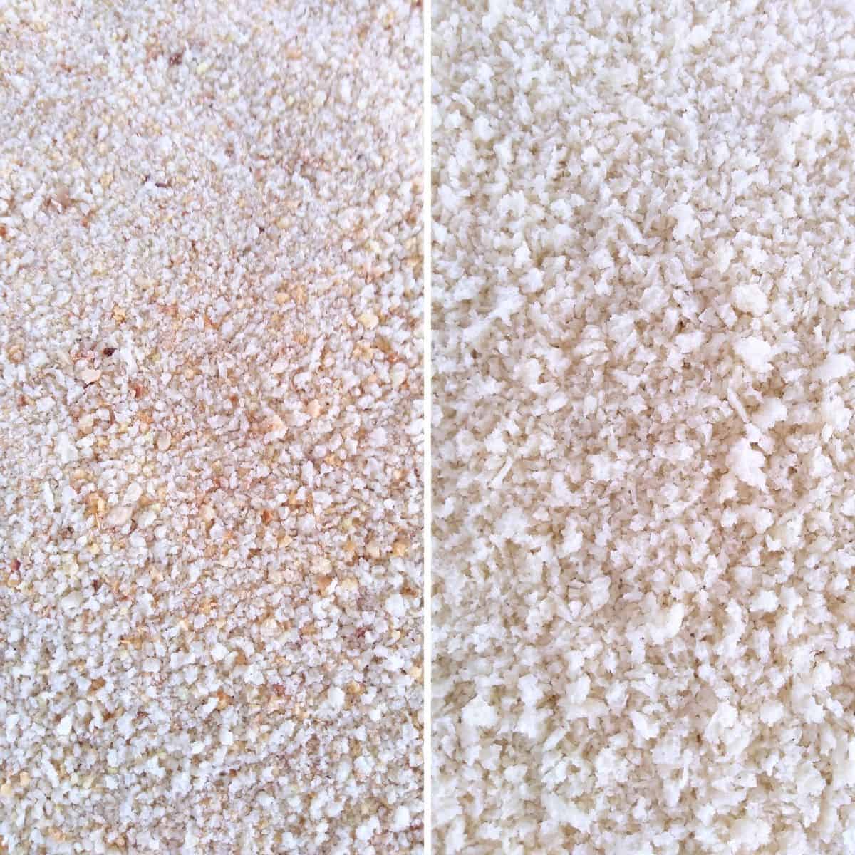 On the left is a close up of traditional bread crumbs. They are small and round with white and brown crumbs. On the right is a close up of Panko breadcrumbs that are completely all white, the crumbs are not as uniform and are more jagged. 