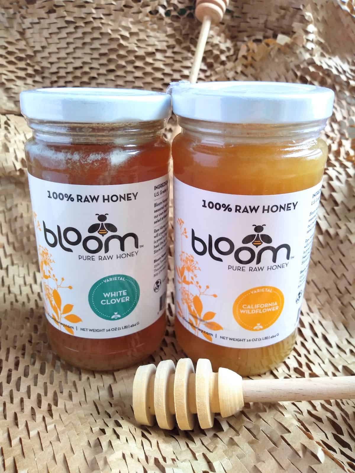 Bloom 100% Raw Honey Jars - on the left White clover and on the right - California Wildflower