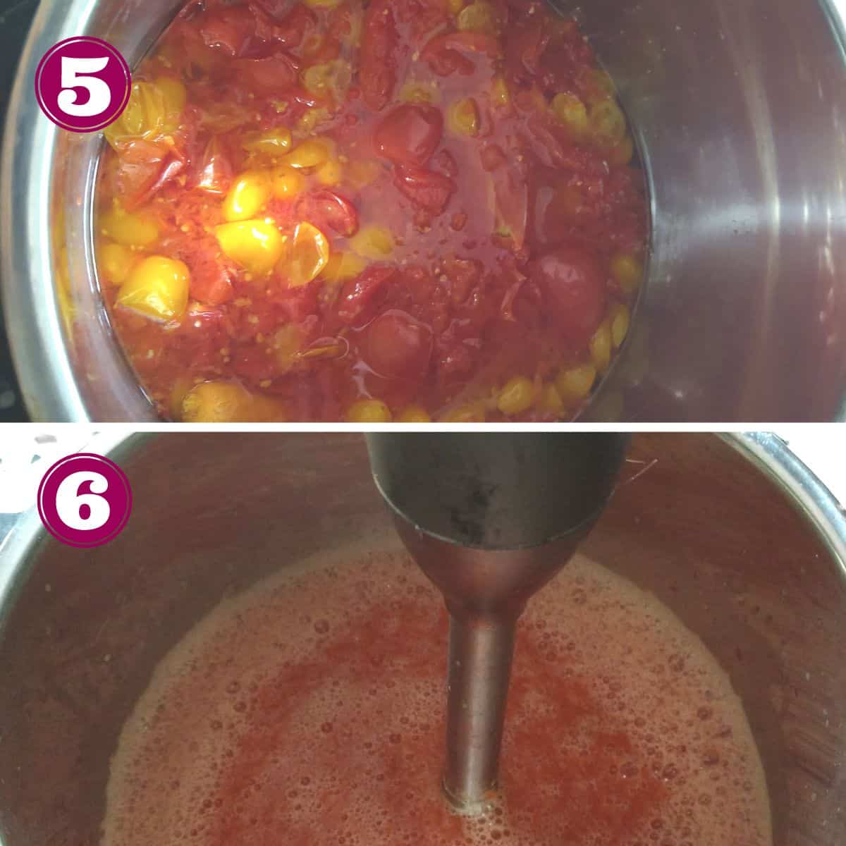Step 5 shows the tomatoes after they have been cooked
Step 6 shows smoothing out the soup with an immersion blender.