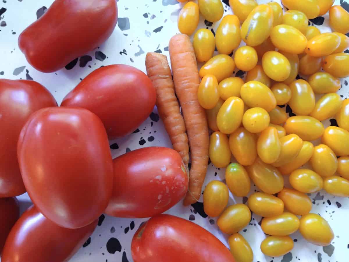 Roma tomatoes, orange carrot, and orange cherry tomatoes sitting on a white table. 
