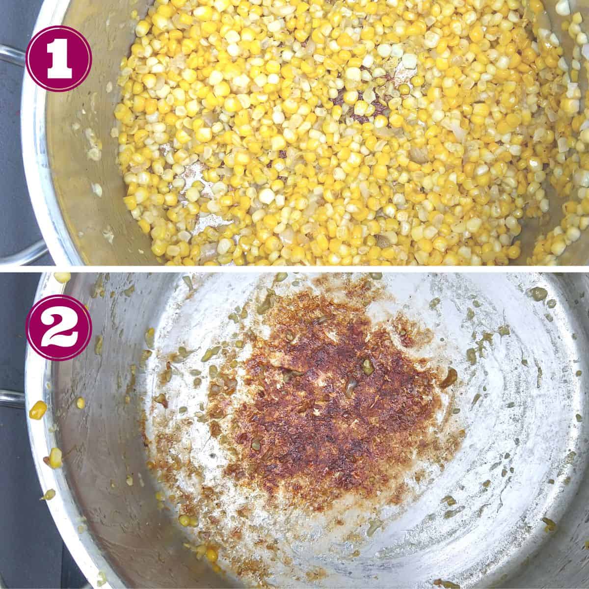 Step 1 shows the corn and other veggies in a pot.
Step 2 shows the brown bites that stuck to the bottom of the pot.