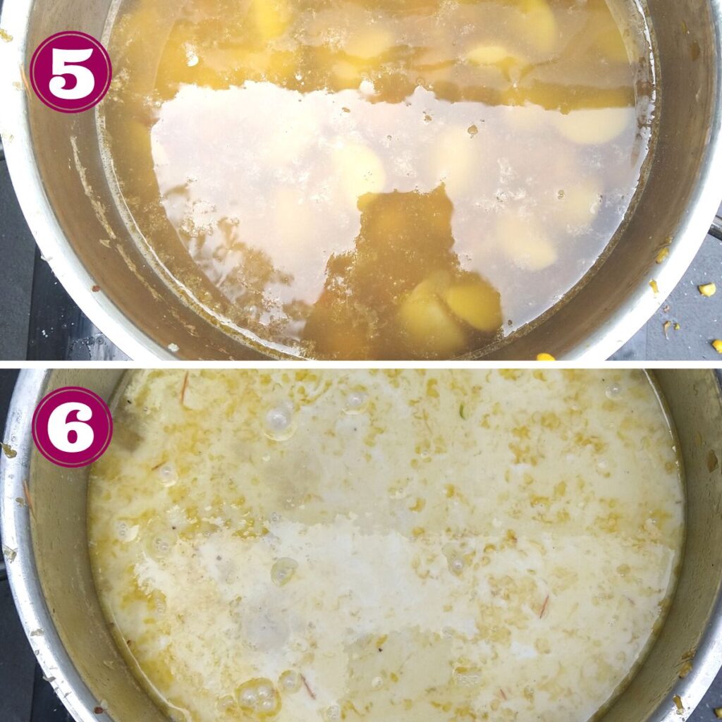 Step 5 shows the cobs removed from the water and now potatoes in their place.
Step 6 shows the cream and all the vegetables added back to the pot.