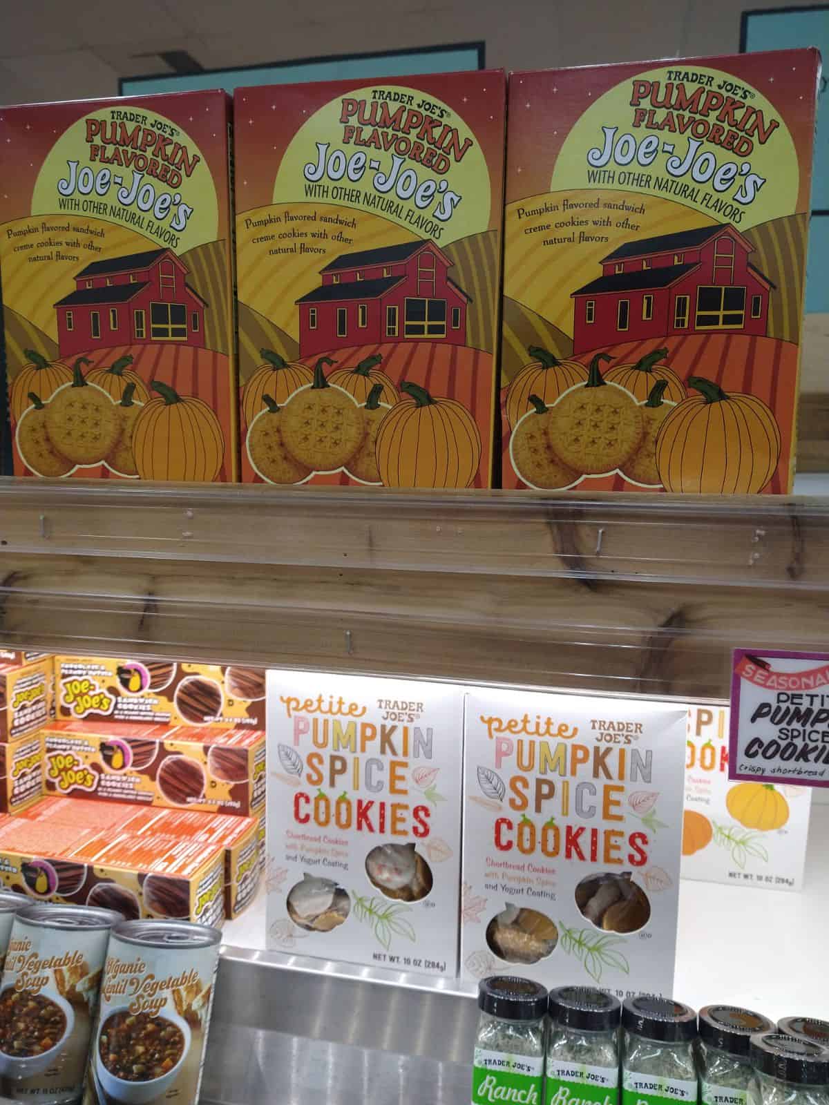 Different boxes of Trader Joe's cookies include Petite Pumpkin Spice cookies and Pumpkin flavored Joe-Joes