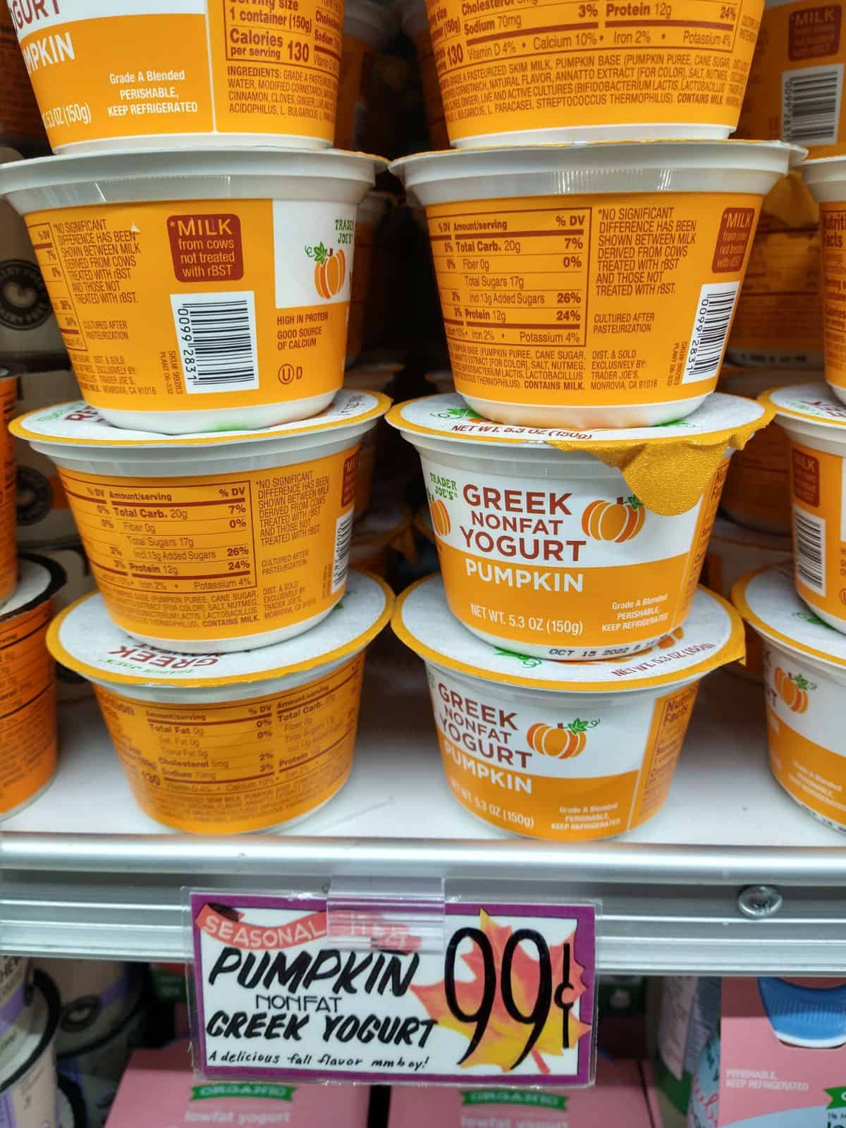 A display of Greek Nonfat Yogurt Pumpkin Flavored. The price is 99 cents.