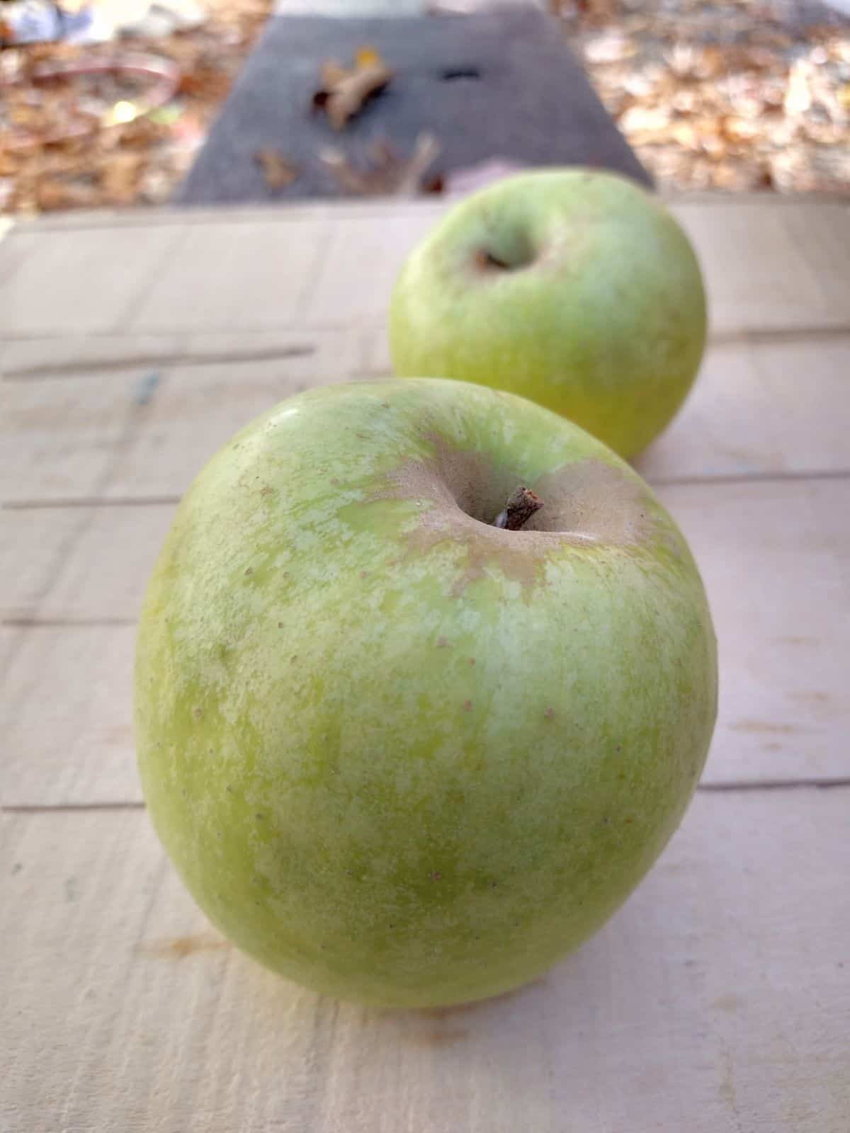 A large green Mutsu apple sitting on a wood board with another apple behind it.