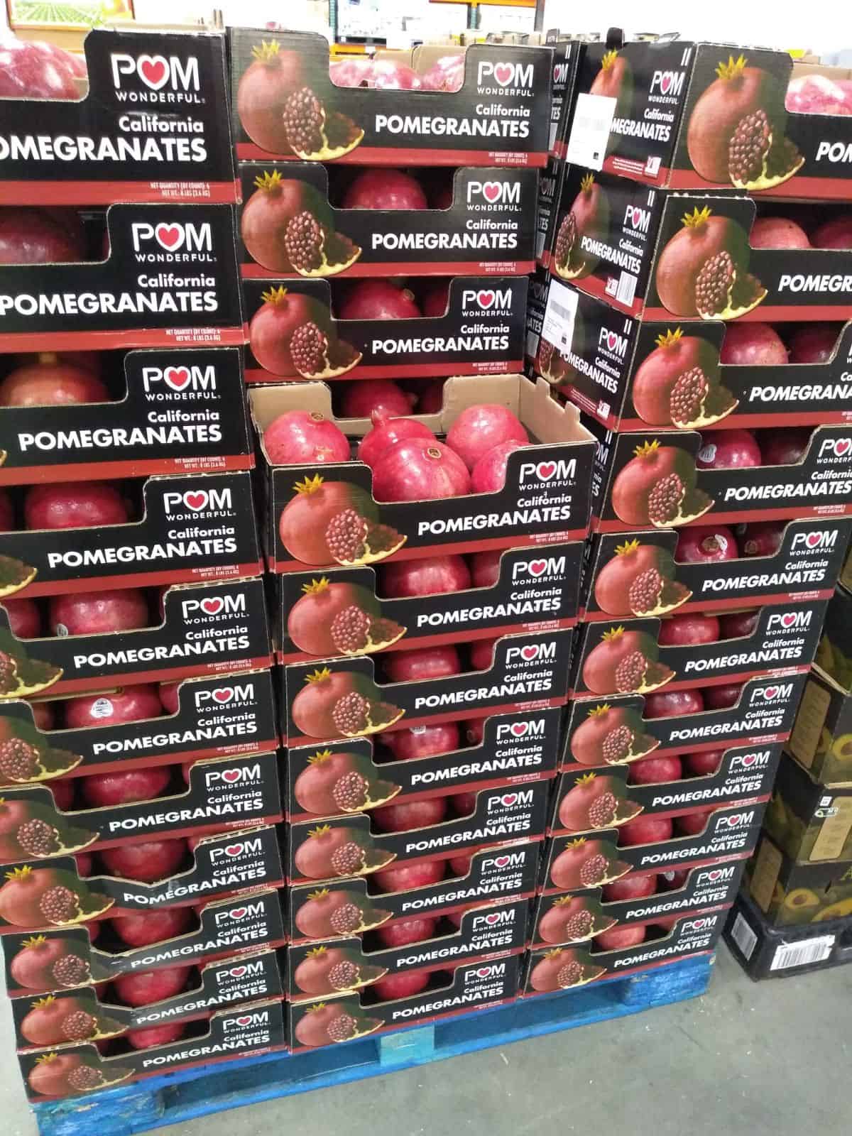 A display of boxes of Pom Wonderful pomegranates at a Costco store. 