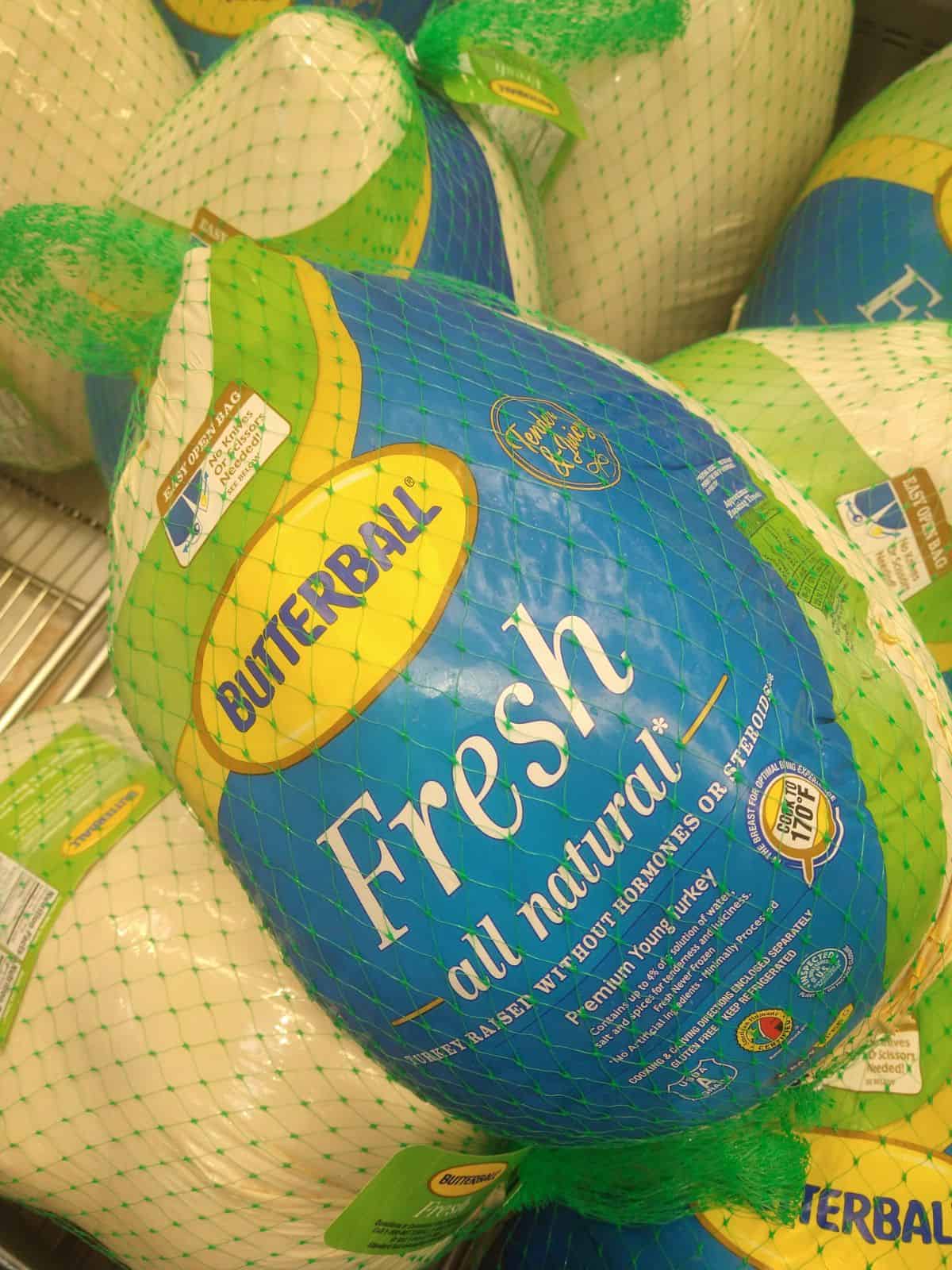 A close up of a display of Butterball Fresh Turkeys at Costco in 2022.