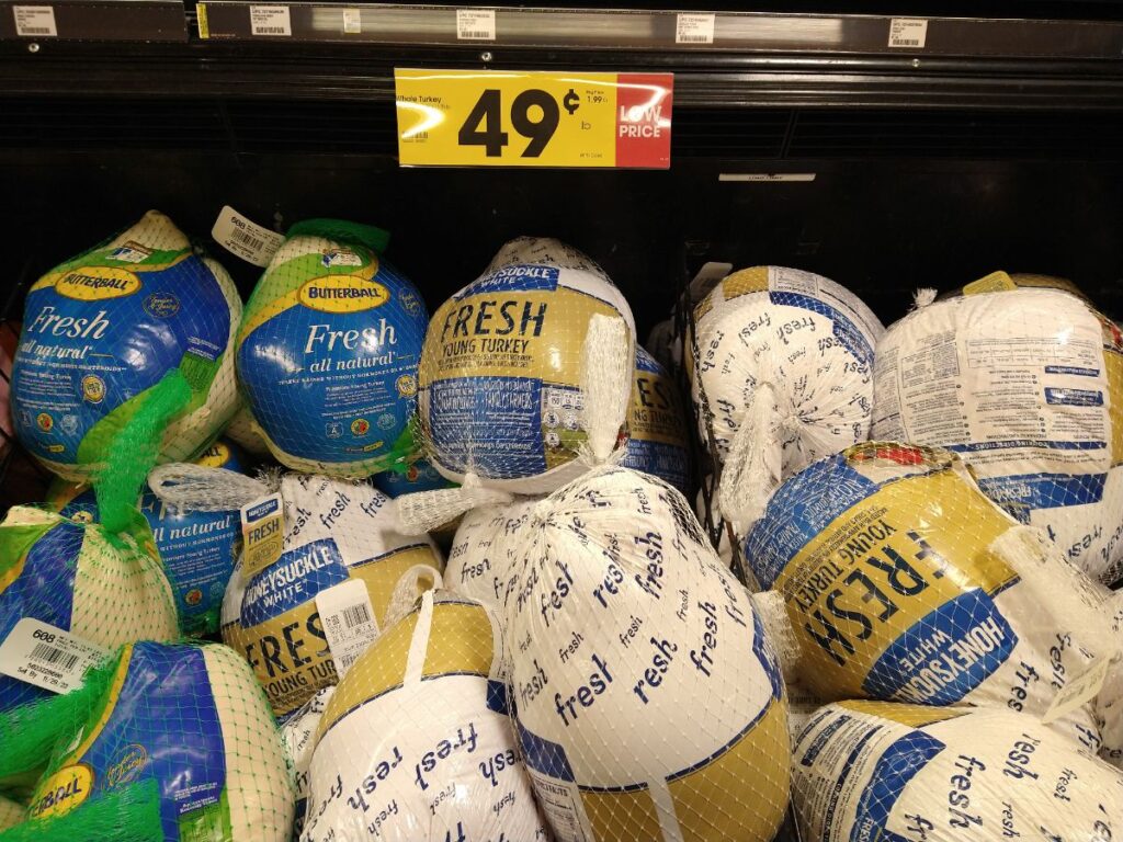 Fresh turkeys on sale after Thanksgiving at Kroger for 49 cents a pound.