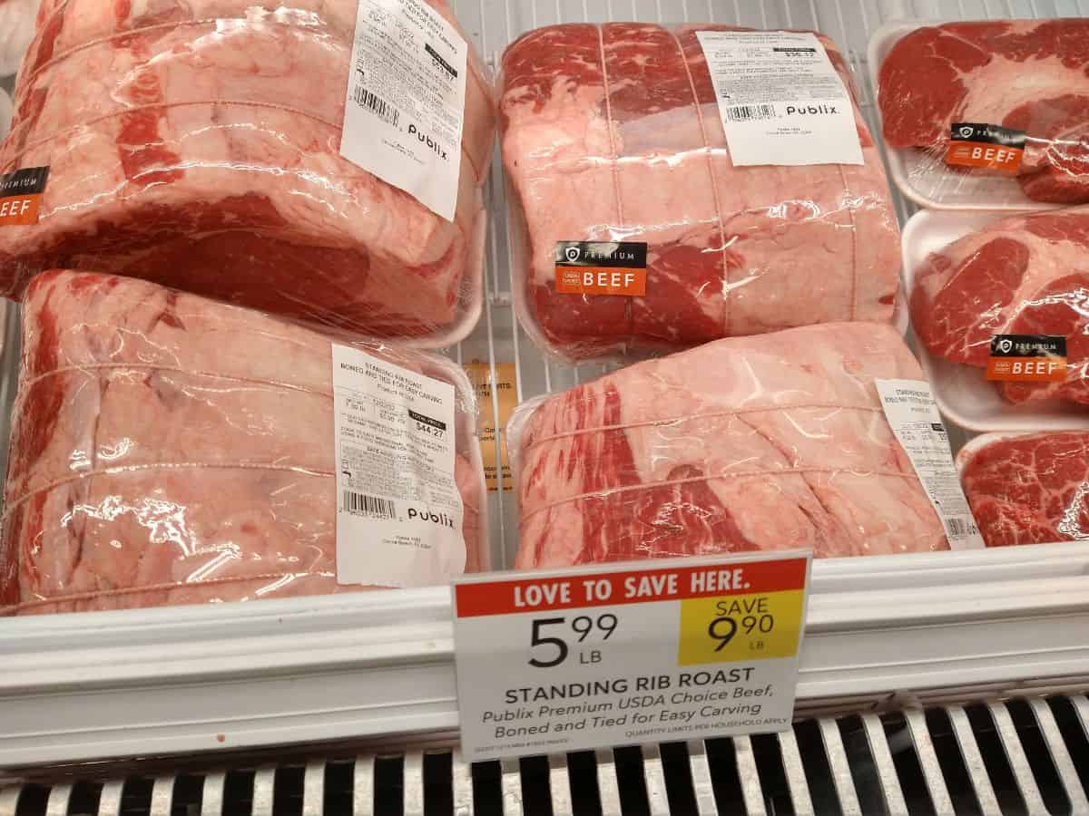A display at Publix with Standing Rib Roast selling for $5.99 per pound.