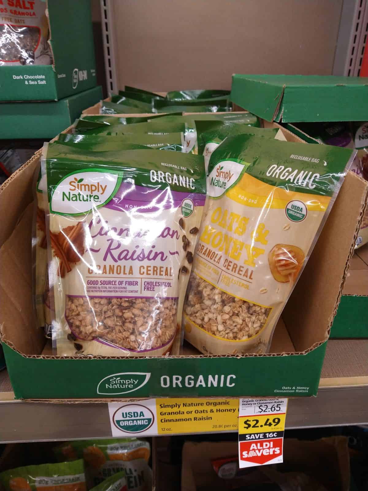 Bags of Simply Nature Cinnamon Raisin and Oats & Hooey granola.on display at ALDI.