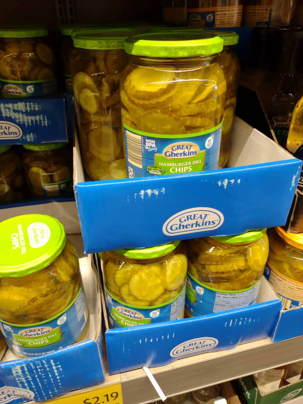 Jars of Great Gherkins Hamburger Dill Chips on display at ALDI