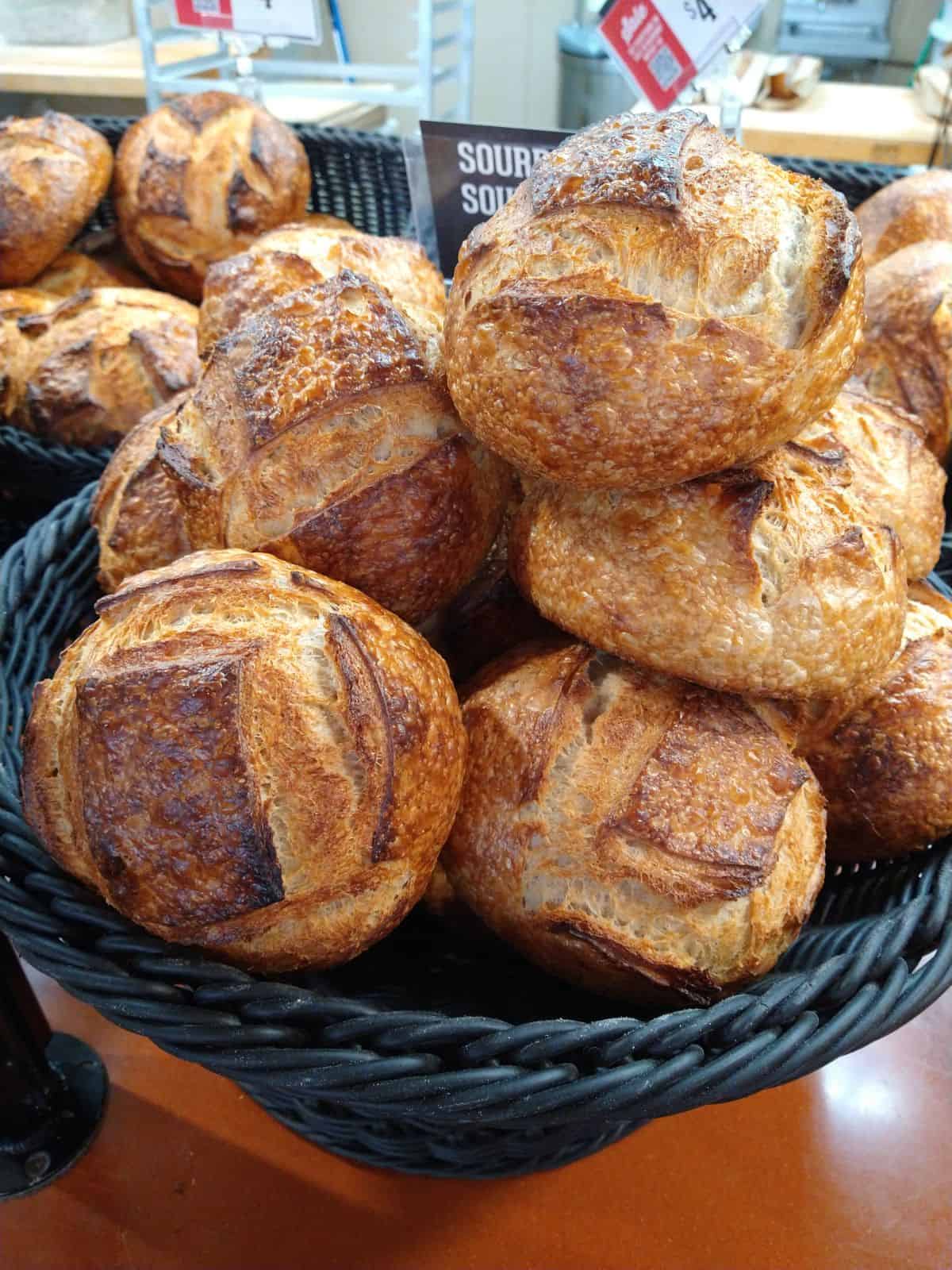 Sourdough bread bowls in a black basket on display at a grocery store bakery department. 