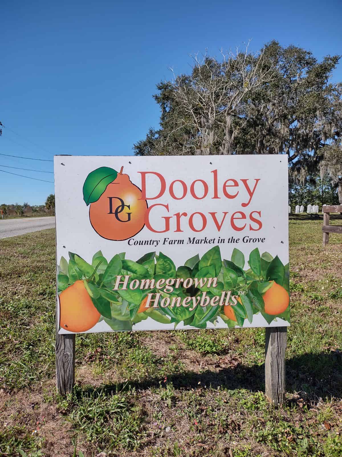 A white sign says that says Dooley Groves "Country Farm Market in the Grove" Homegrown Honeybells 