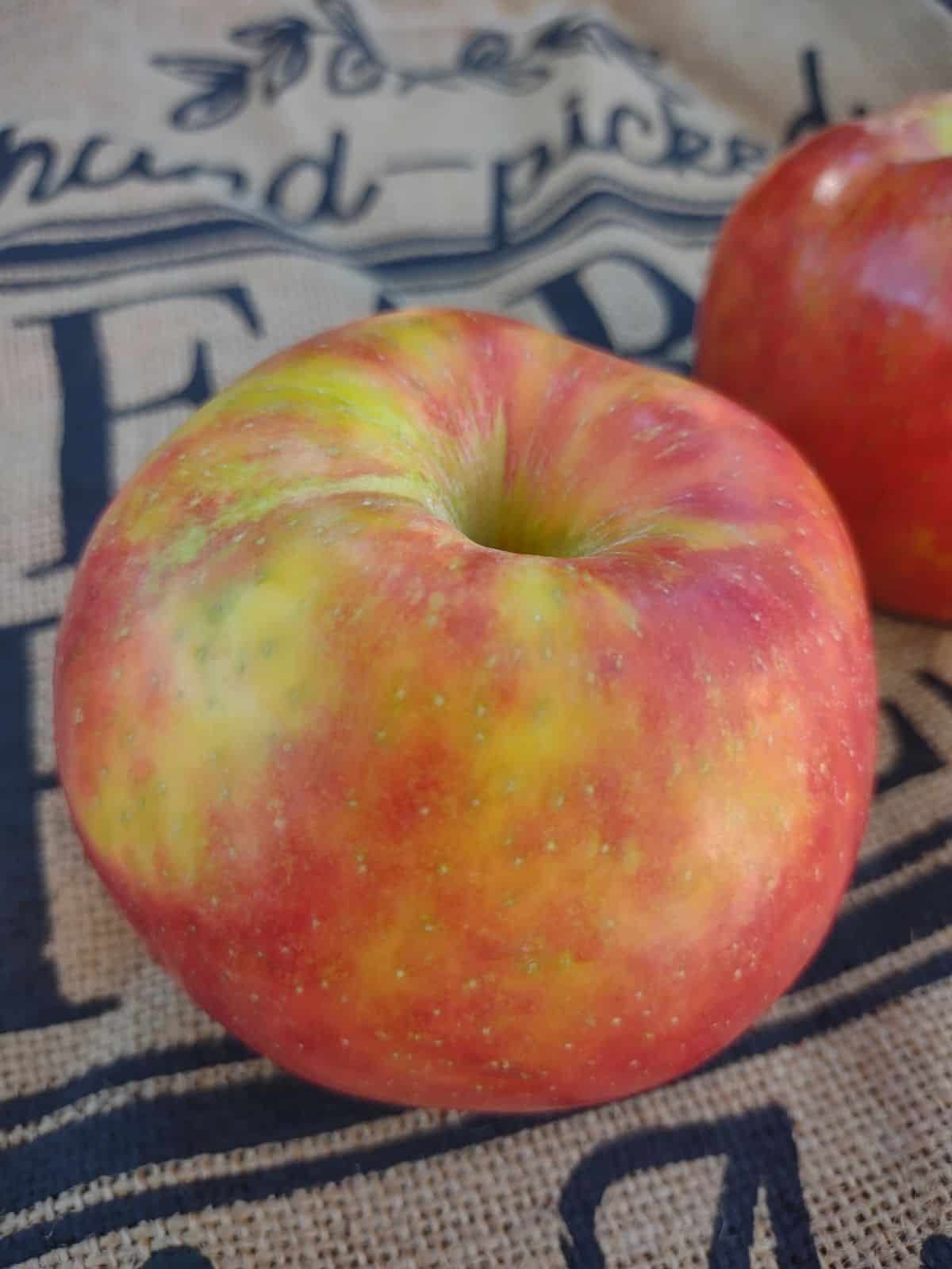 A close up of a Hunnyz apple on burlap with writing on it.