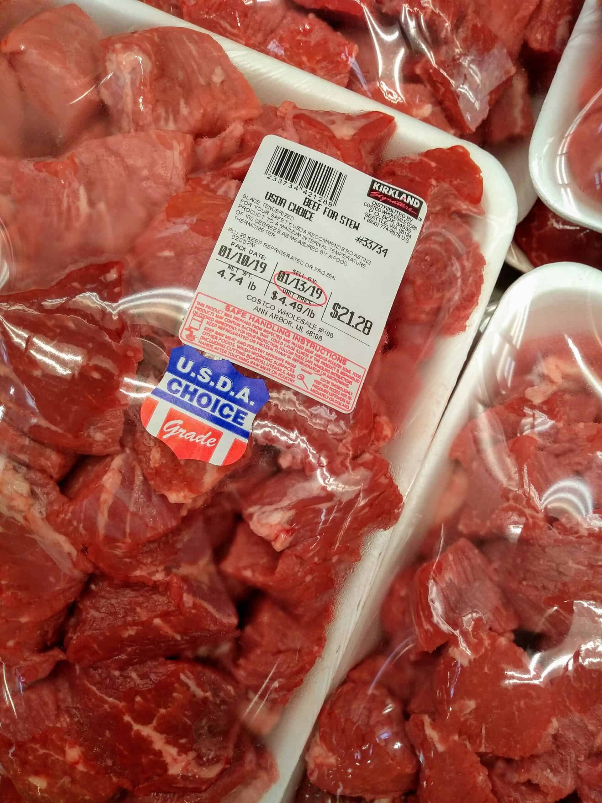 A package of beef stew from a display at a Costco store.