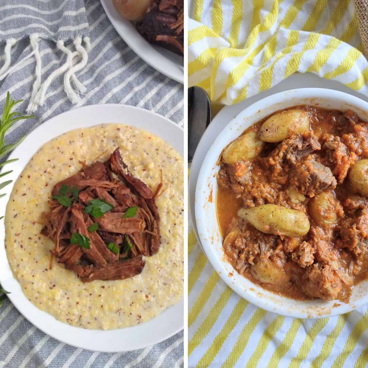 A collage with a picture of pot roast served on top of grits next to beef stew with carrots and potatoes in a white bowl.