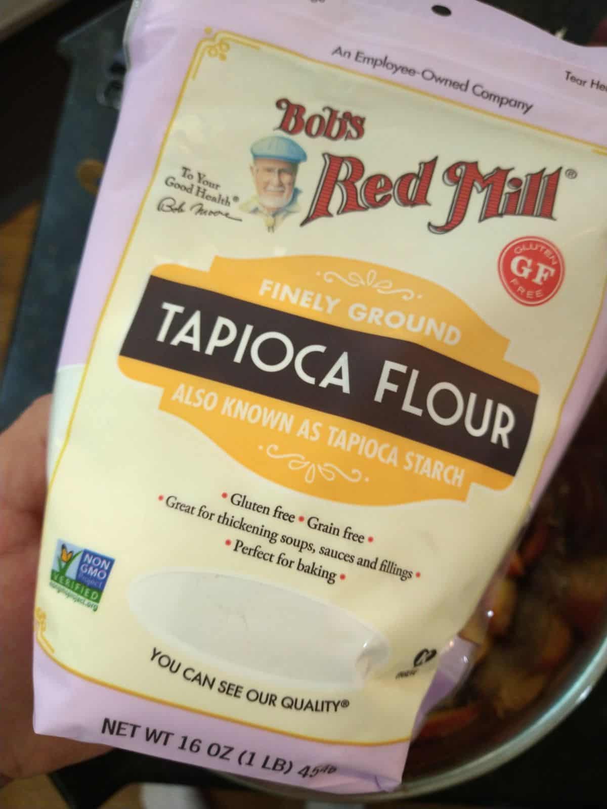 A bag of Bob's Red Mill Tapioca Flour which says it's also known as tapioca starch.