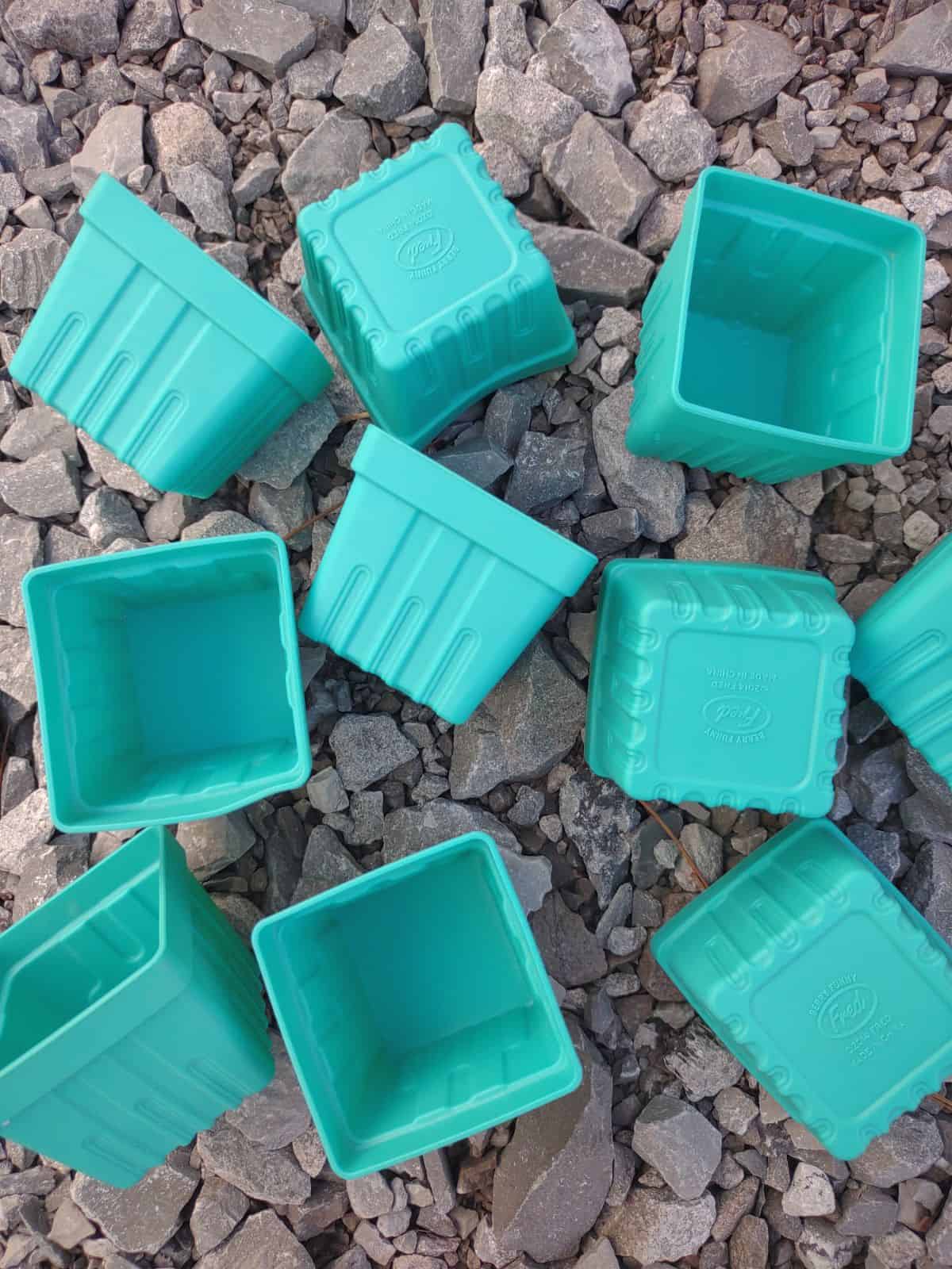 Blue-green mini square silicone baking cups that look like berry containers sitting on gray rocks.