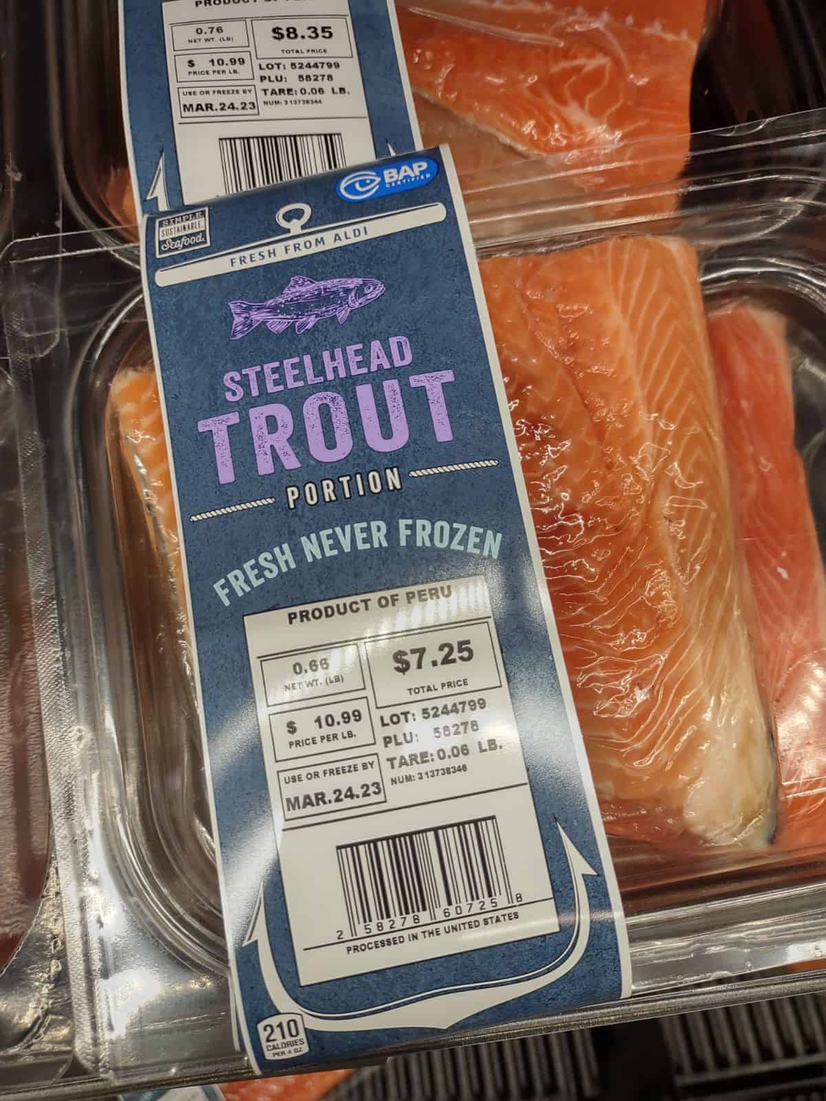Packages of Fresh Never Frozen Steelhead Trout Portions.