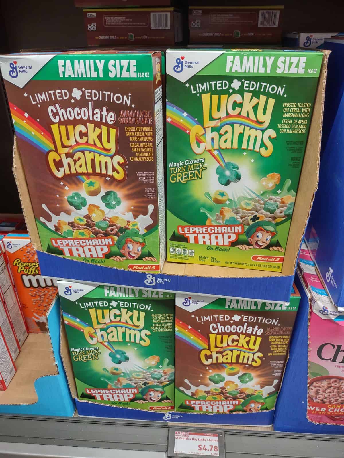 Boxes of Limited edition Chocolate and regular Lucky Charms cereal.