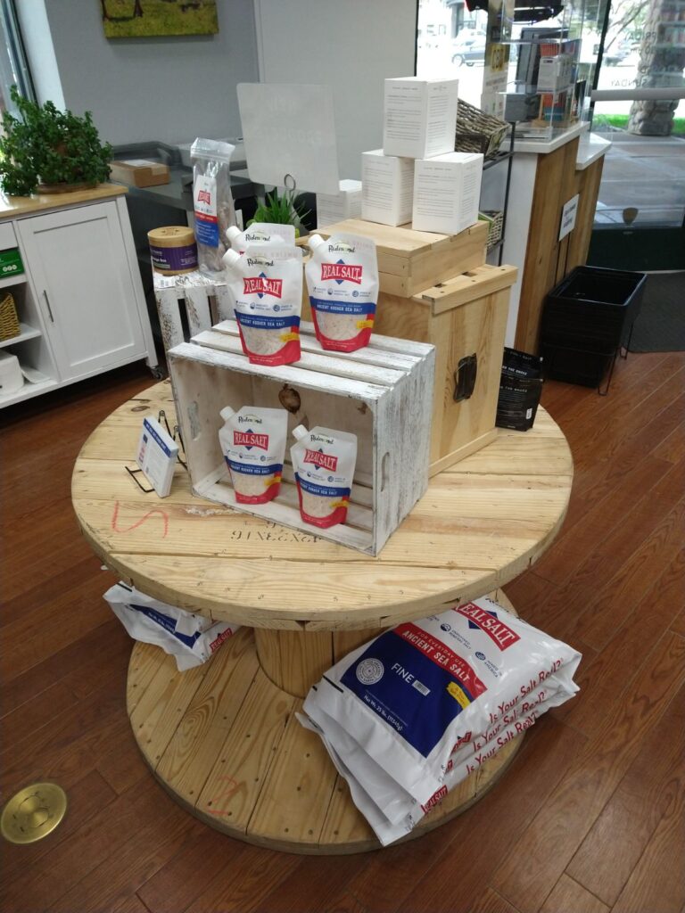A display of Redmond Real Salt products at their store in Utah.