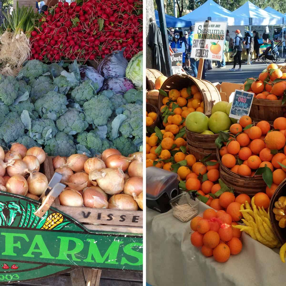 A display of fresh vegetables at a farmer's market in Michigan next to a picture of fresh citrus at a farmer's market in California.