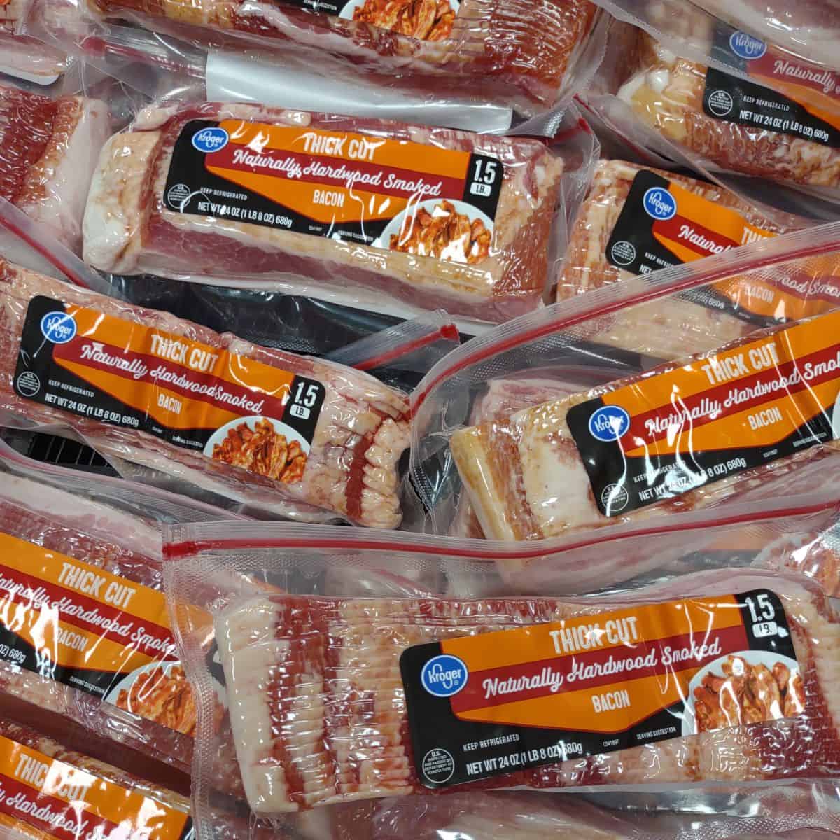 Packaged Thick Sliced Kroger Bacon at the store.