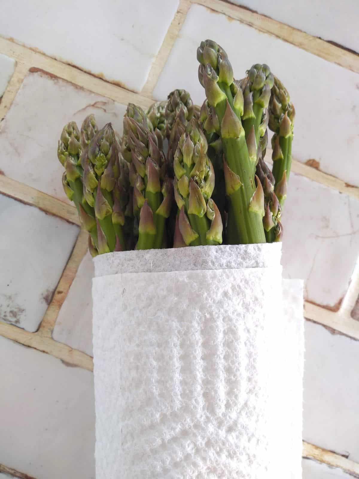 Asparagus wrapped in paper towel.