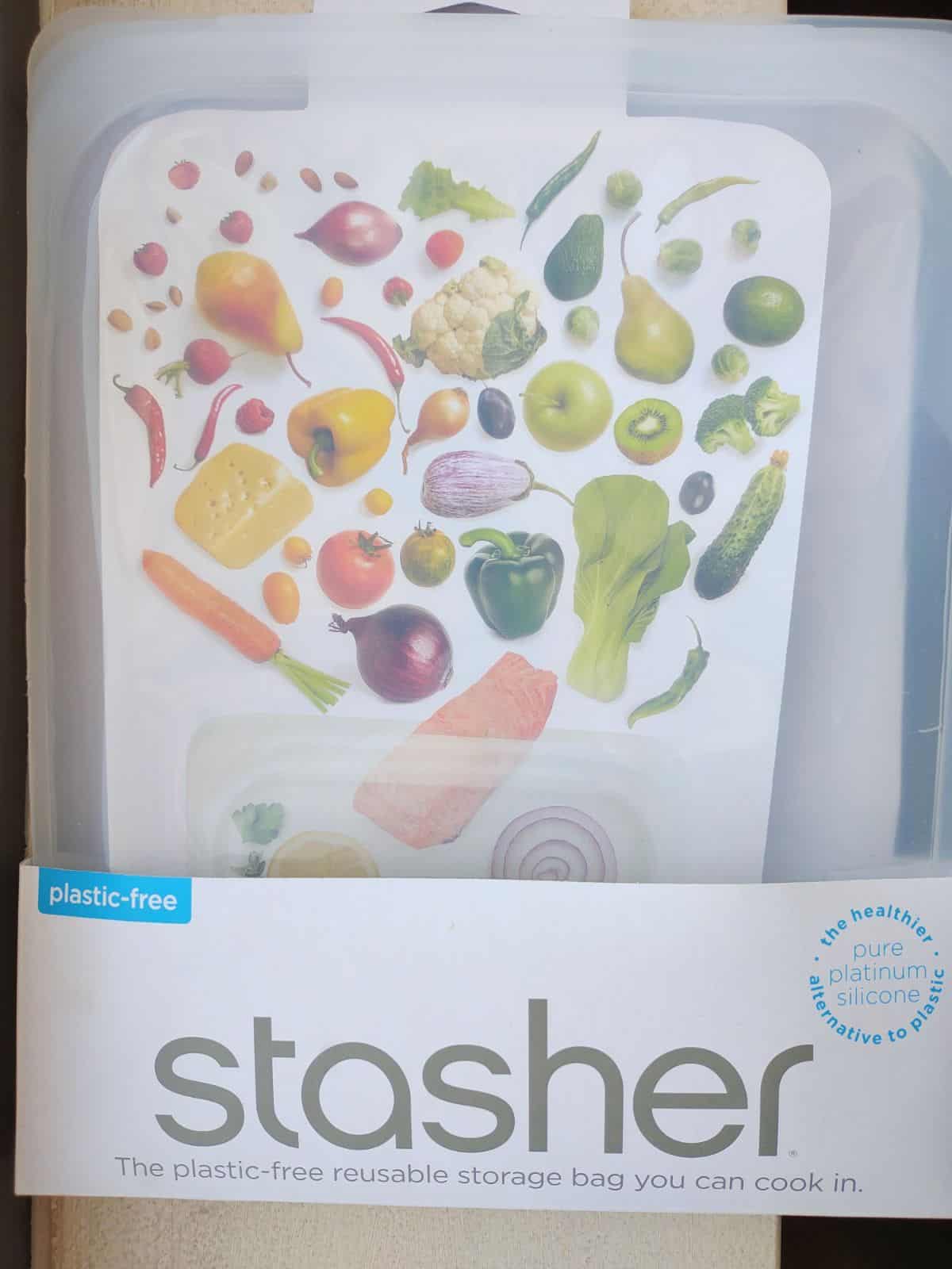 A half gallon silicone Stasher bag with packaging. 