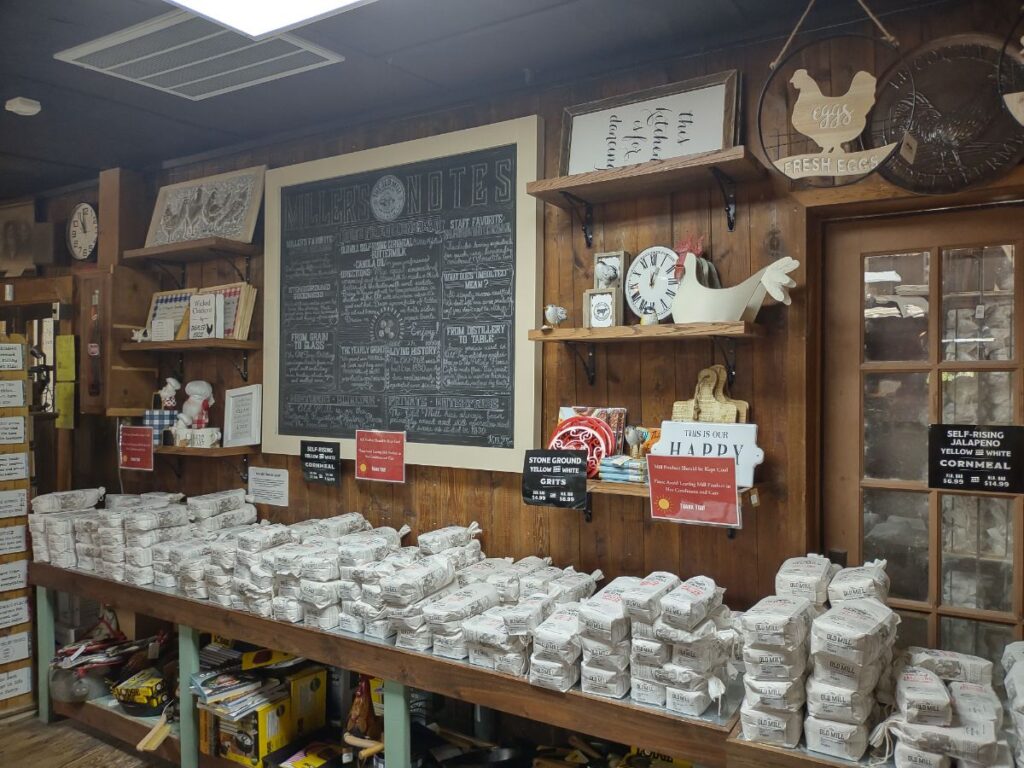 A display of bags of cornmeal, grits and other products at the Old Mill store in Tennessee. 