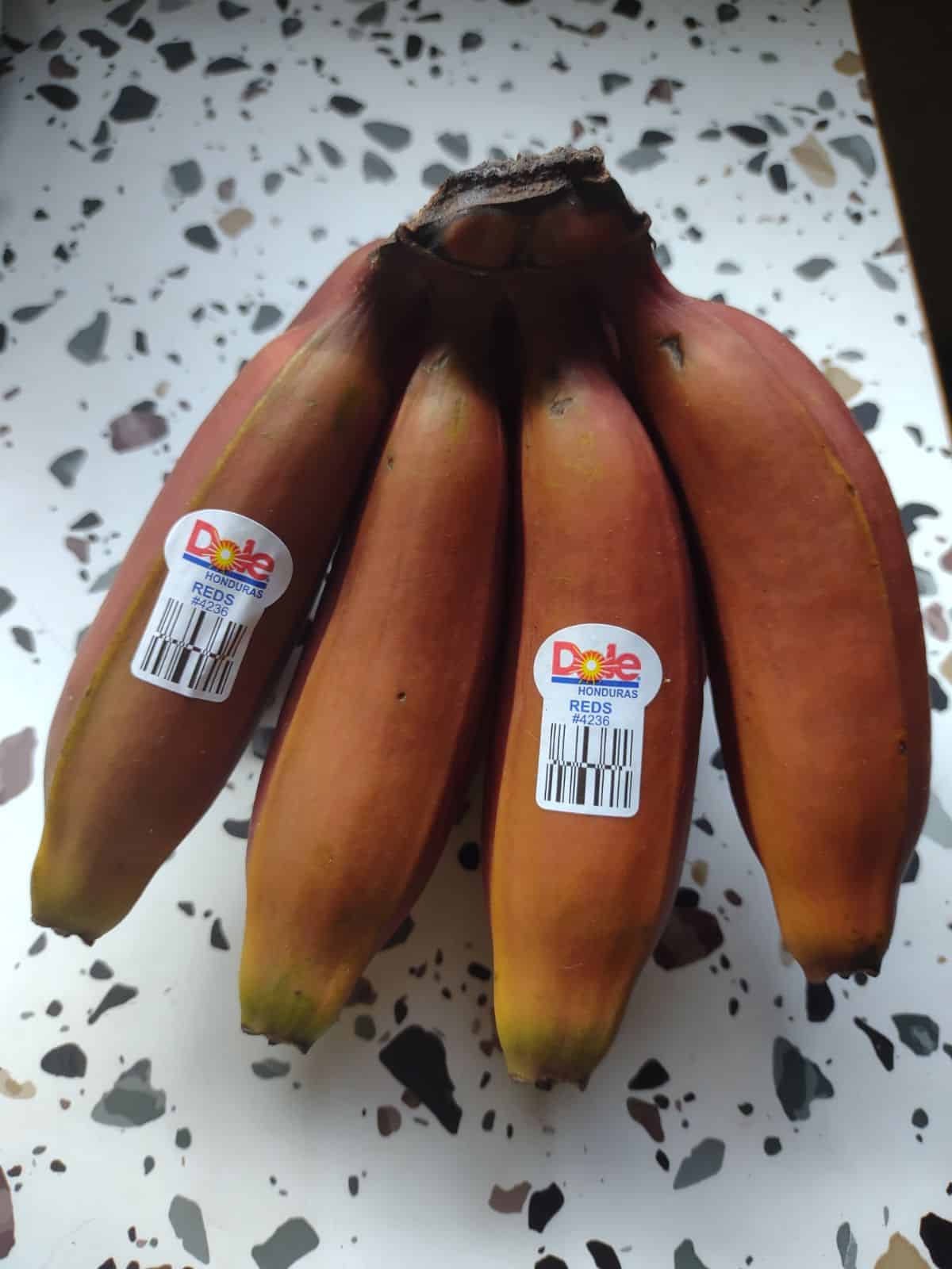 A bunch of red bananas that are starting to turn red with the bottoms becoming more yellowish.