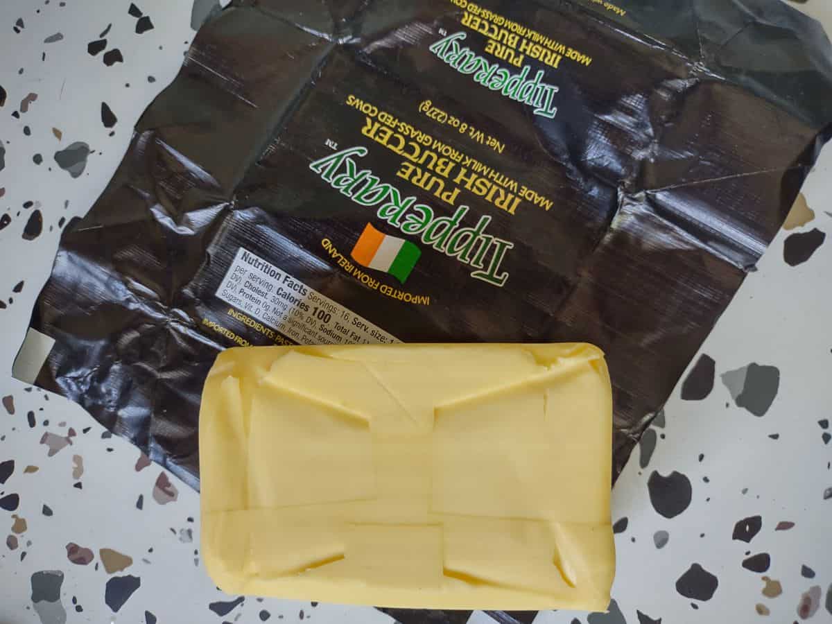 Tipperary butter package opened showing a vivid yellow grass-fed butter.