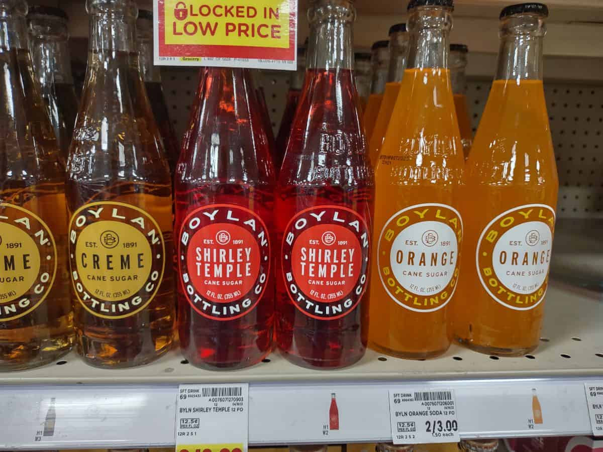 Bottles of Boylan Orange, Shirley Temple and Creme Sodas on a shelf at Kroger.