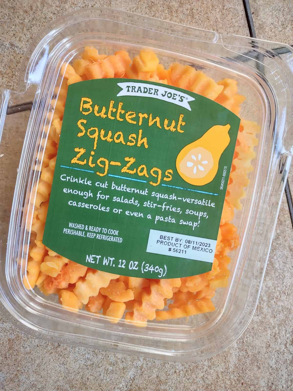 Trader Joe's Butternut Squash Zig Zags sitting on a brown tile table.