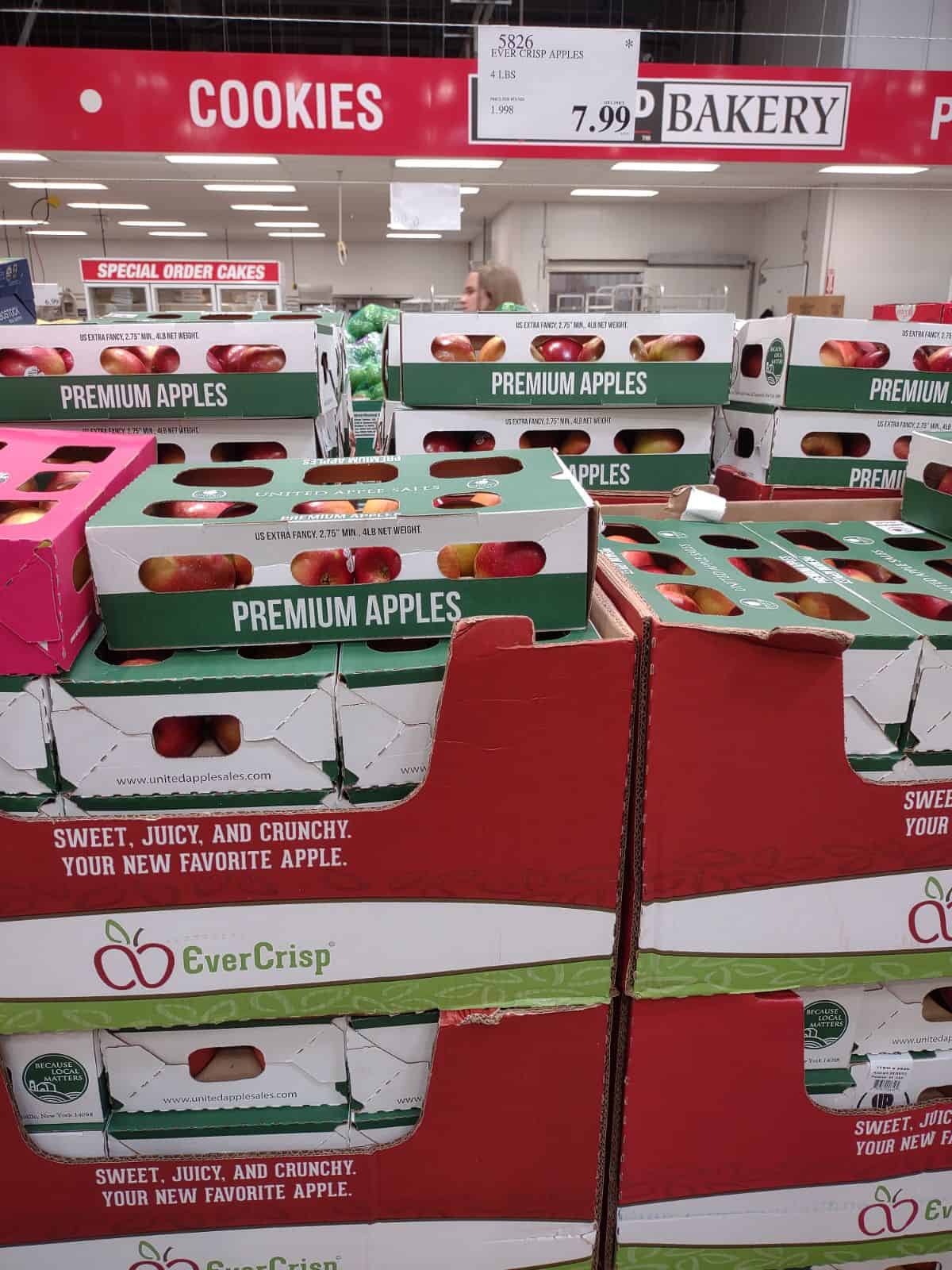 Boxes of Evercrisp apples at a Costco store.