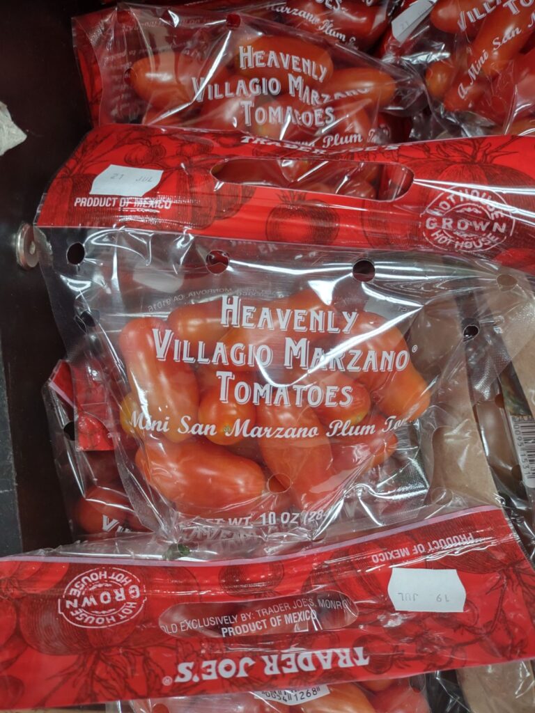 Bags of mini San Marzano tomatoes from Trader Joe's.