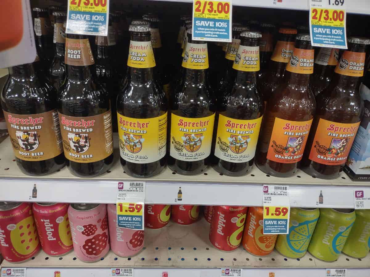 A display of Sprecher soda at a Kroger store.