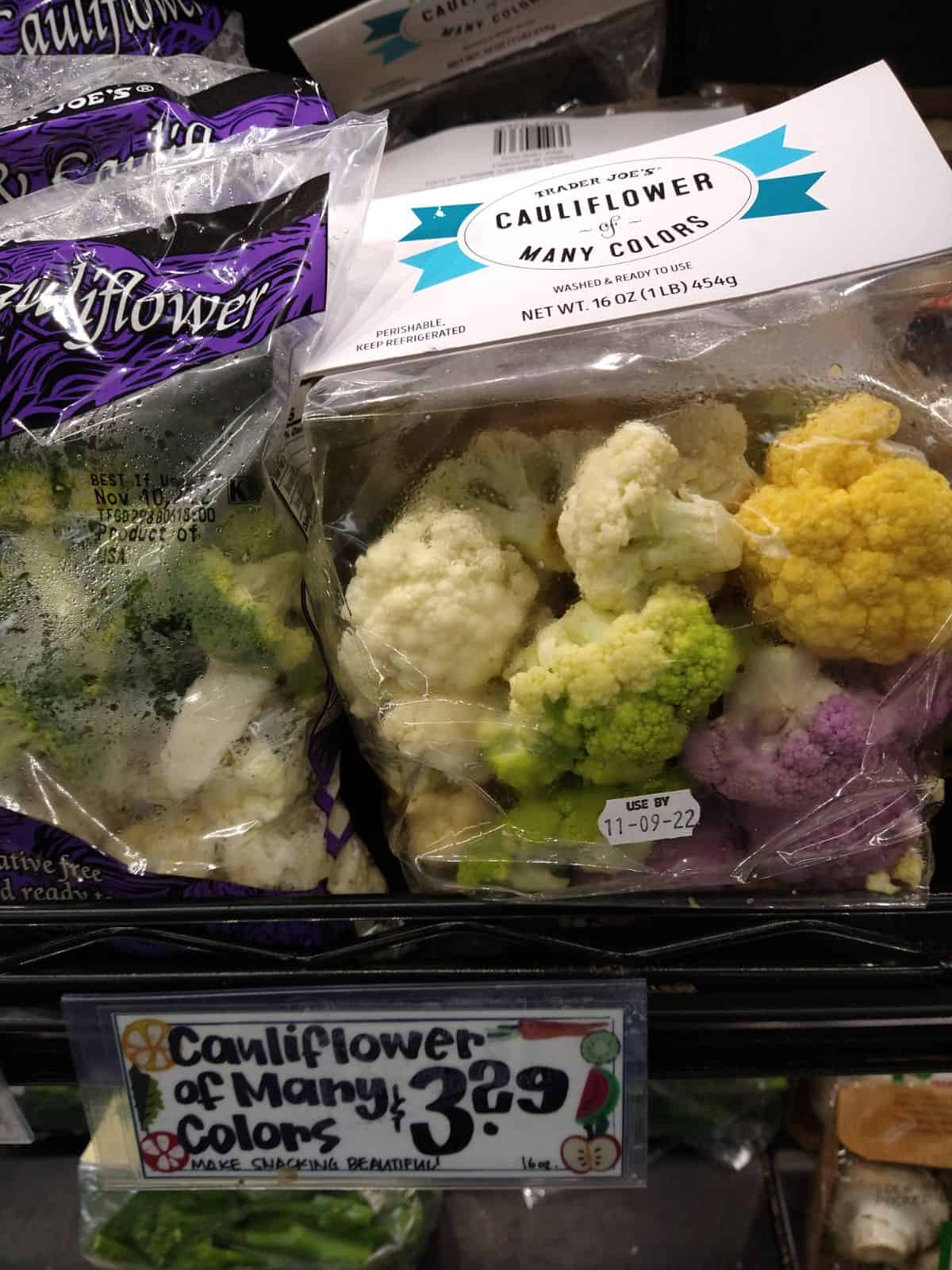 Bags of Cauliflower of Many Colors at a Trader Joe's store.