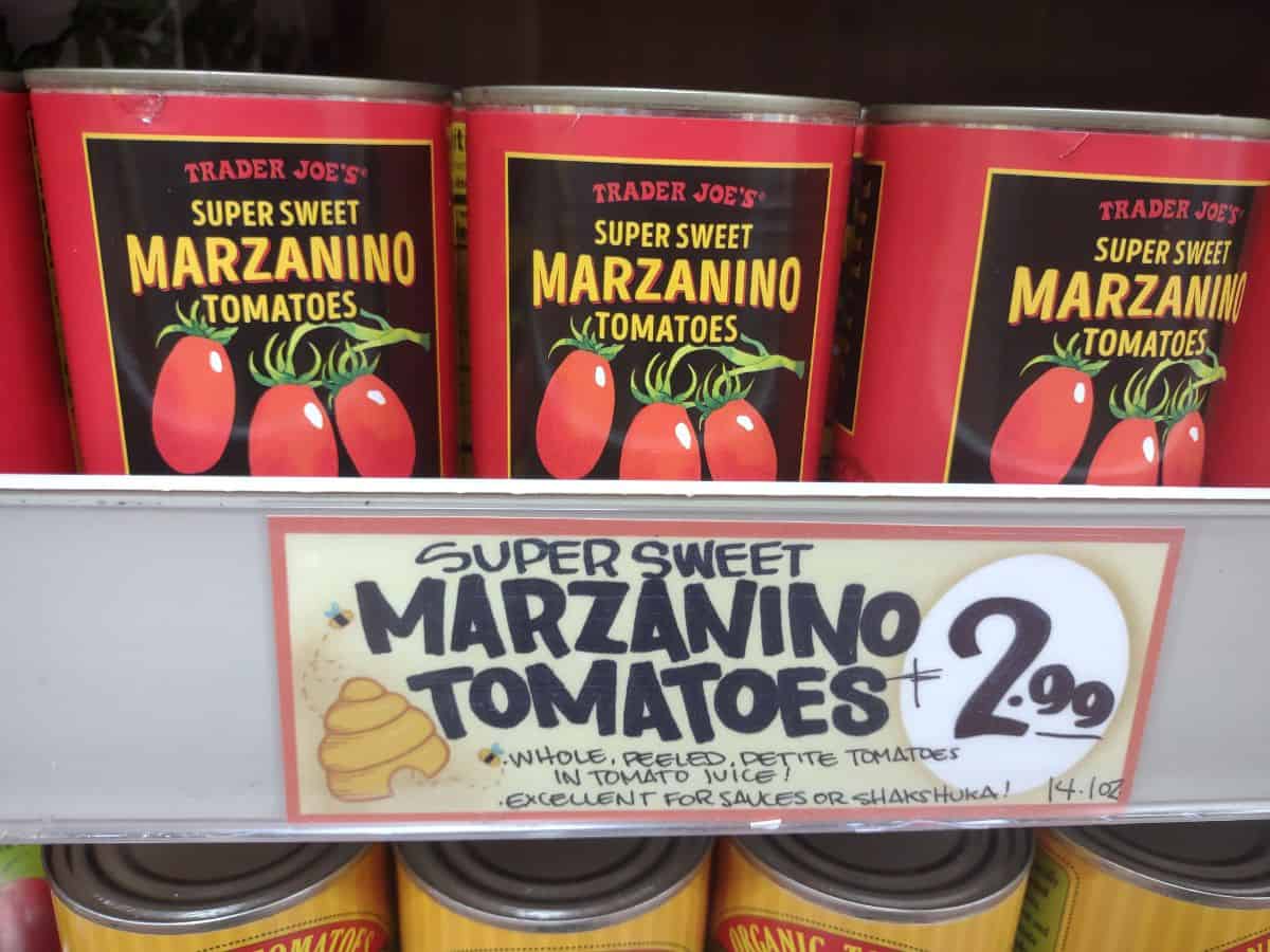 Red cans of Trader Joe's super sweet Marzanino tomatoes.