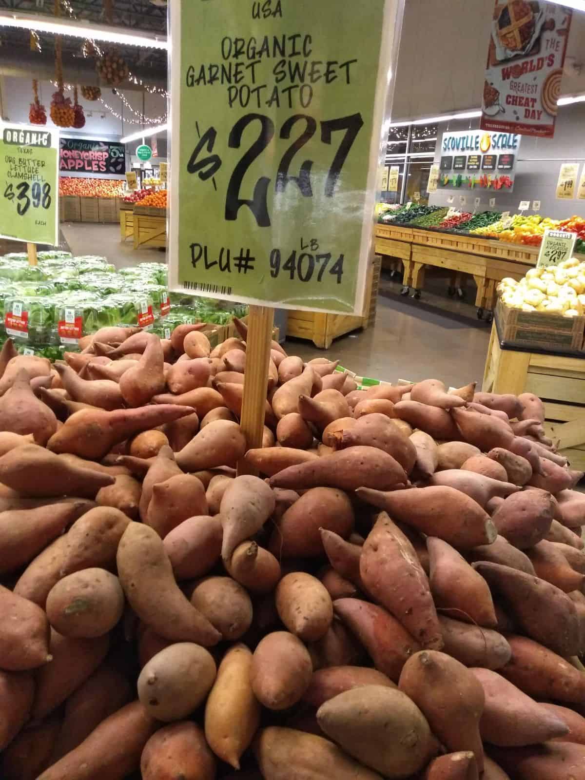 A display of Garnett sweet potatoes at a Central Market store.