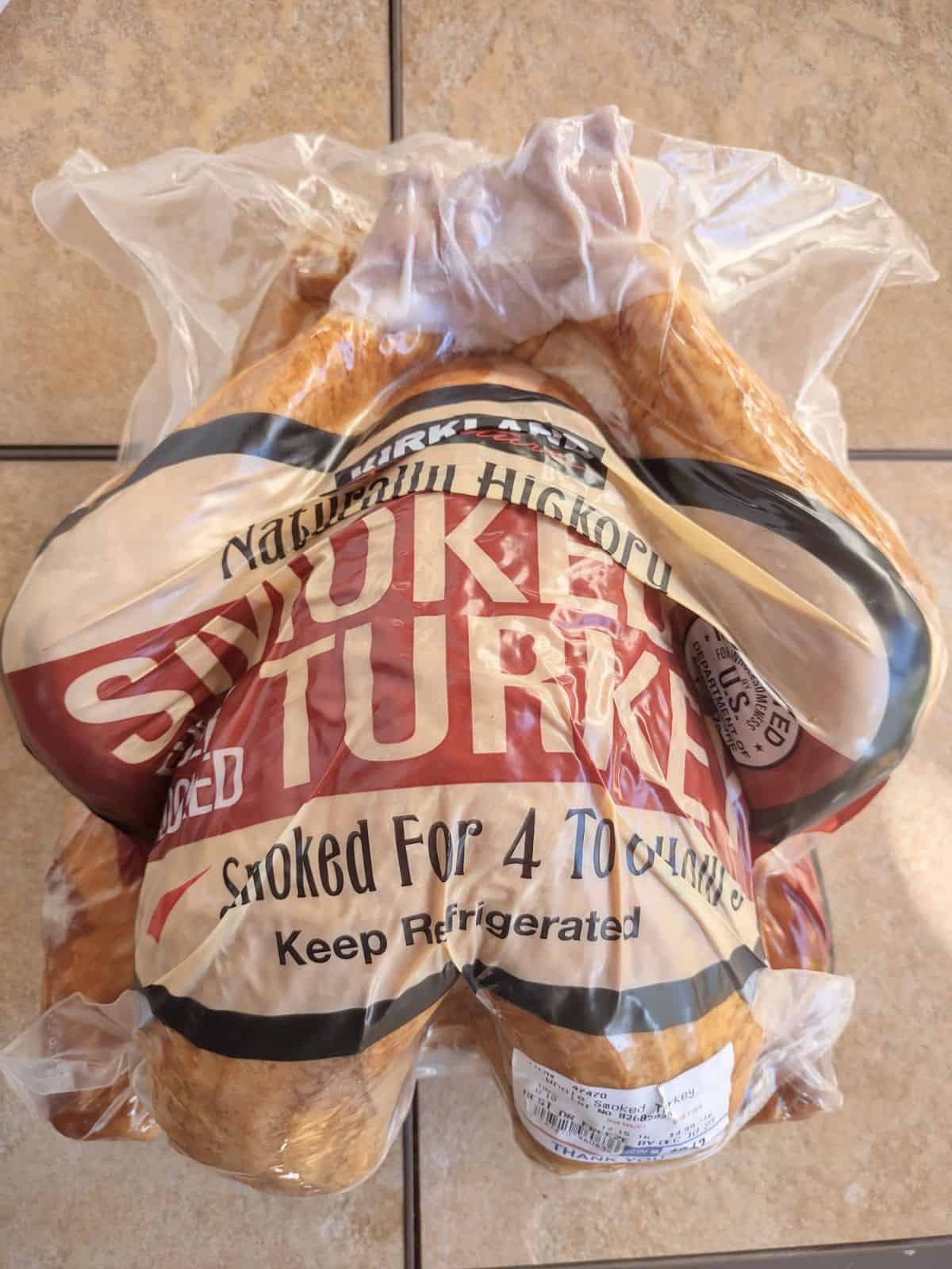 A wrapped whole Kirkland Signature Smoked Turkey