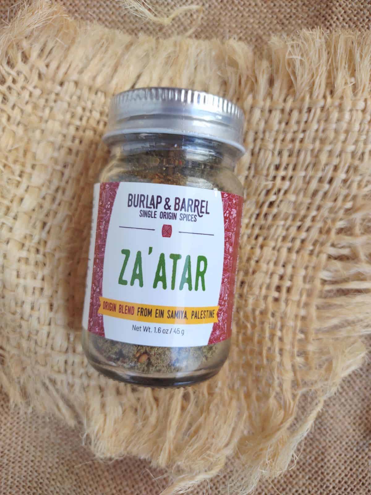 Burlap & Barrel Za'atar blend on a piece of burlap