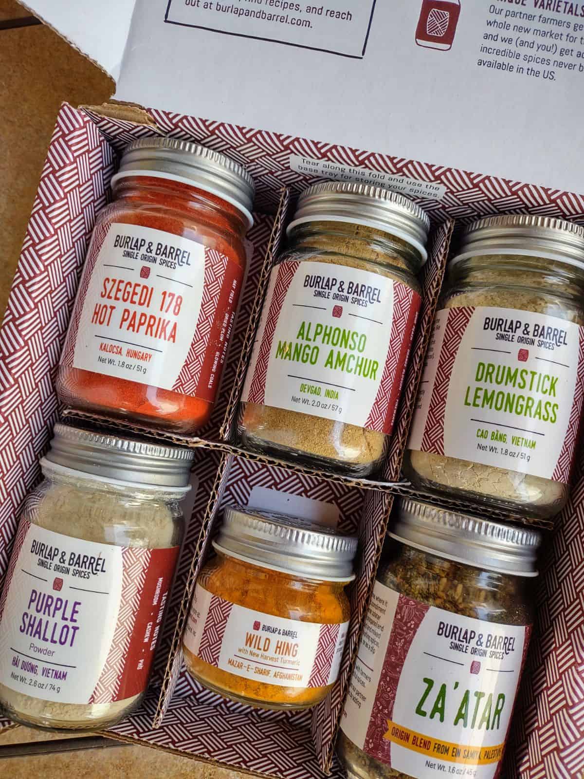 6 Jars of Burlap & Barrel spices in a box