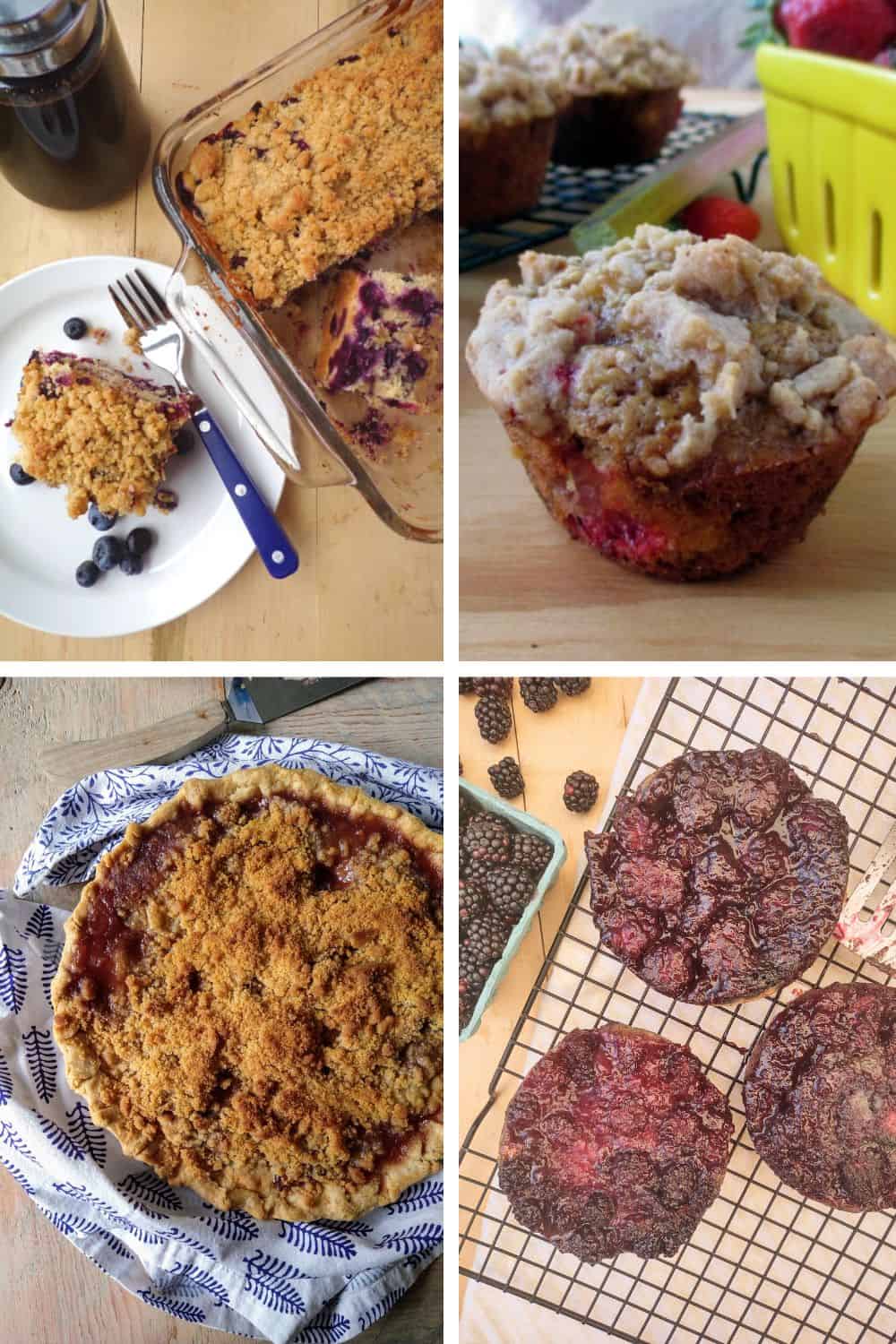 A collage featuring different desserts baked with fruit - maple blueberry buckle, strawberry rhubarb sour cream muffin, peach pie, and blackberry upside down cake.