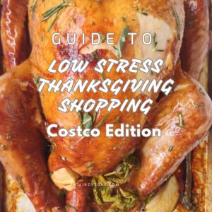 Kirkland Smoked Turkey on a sheet pan with the words "Guide to Low Stress Thanksgiving Shopping Costco Edition $5.99" overlayed.