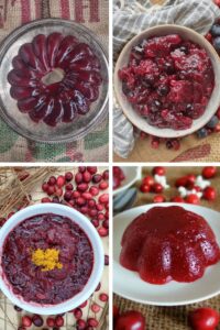 A collage showing 4 different types of jellied or whole berry cranberry sauce
