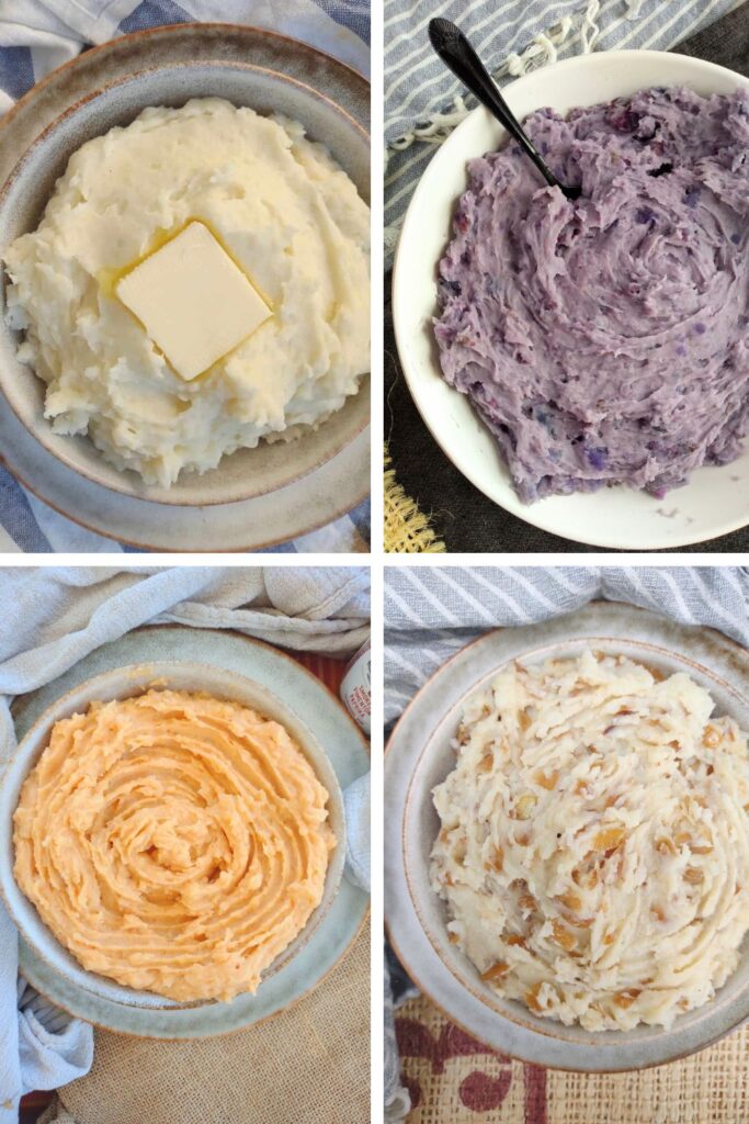 A collage of bowls of mashed potatoes featuring classic with butter, purple mashed potatoes, orange colored smoked paprika mashed potatoes, and mashed potatoes studded with caramelized onions.