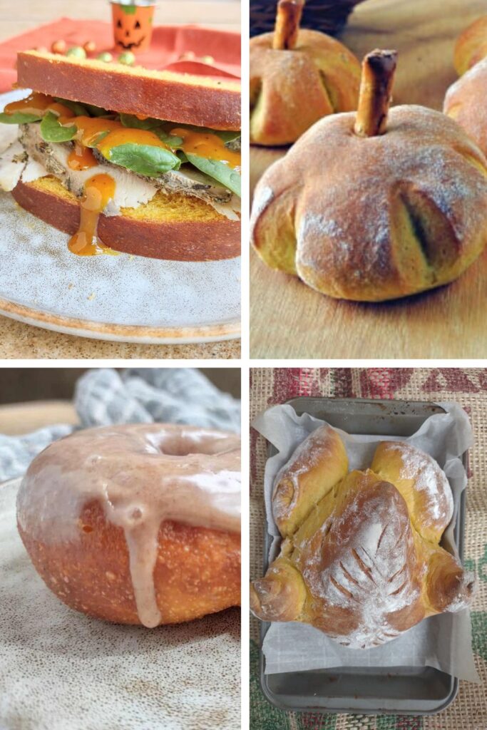 A collage of showing different ways to use a yeast pumpkin dough including sandwich bread, donuts, rolls shaped like pumpkins, and a loaf of bread shaped like a whole turkey.