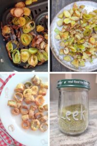 A collage of air fryer leek recipes featuring air fried leeks, leeks & potatoes, crispy leek rings, and dehydrated green leek powder.